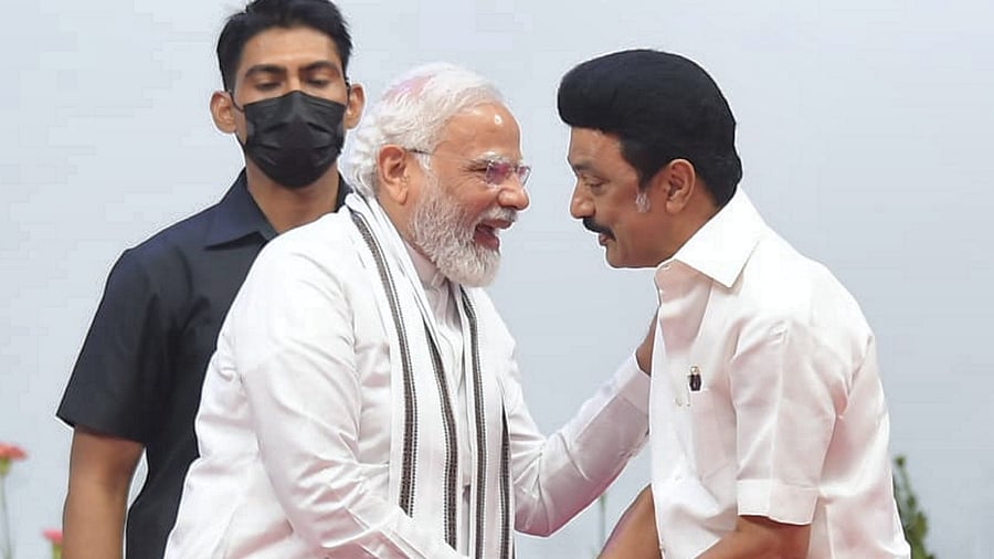 Prime Minister Narendra Modi greets Tamil Nadu Chief Minister MK Stalin. Credit: PTI Photo
