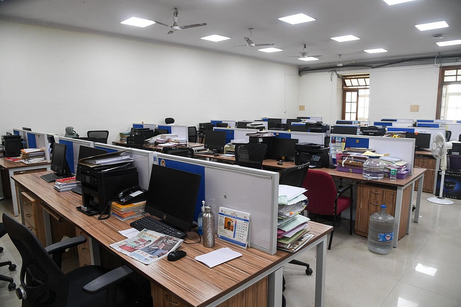 A deserted section of the secretariat office in Vidhana Soudha as the secretrait staff go on mass leave urging government meet their various demands, in Bengaluru on Friday. Credit: DH Photo/ B H Shivakumar