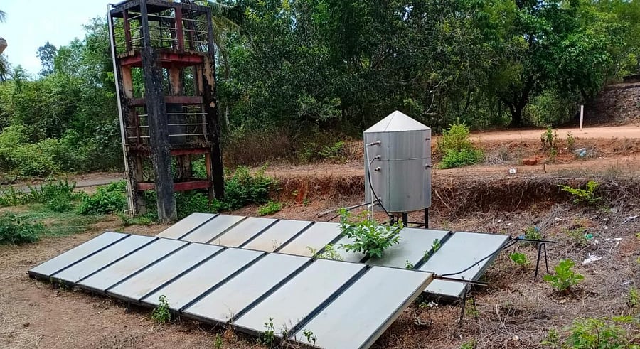 Defunct solar panels lie on the premises of Mangalore University.