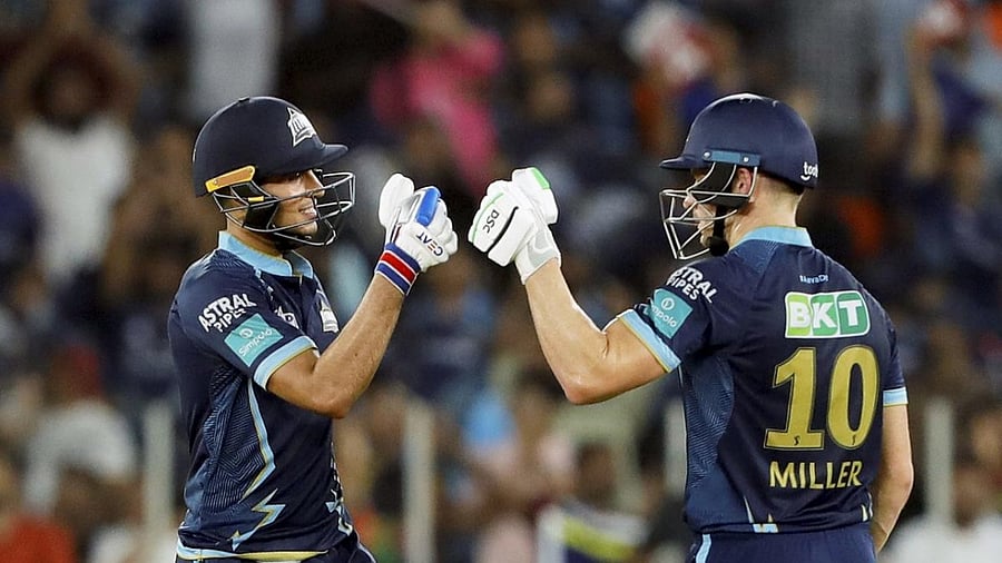 David Miller and Shubman Gill during the final T20 cricket match of the IPL season 15, between the Gujarat Titans and the Rajasthan Royals, at the Narendra Modi Stadium. Credit: PTI Photo