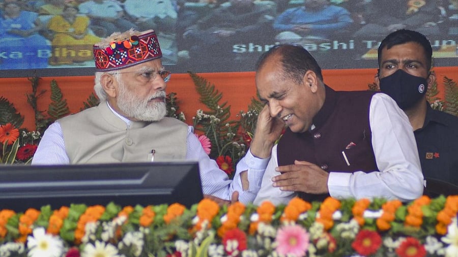 Prime Minister Narendra Modi with Himachal Pradesh Chief Minister Jai Ram Thakur during a public rally, in Shimla, Tuesday, May 31, 2022. Credit: PTI Photo