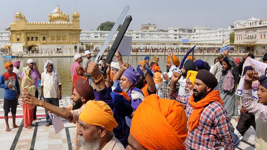 The marbled premises of the Golden Temple near Akal Takht, the supreme temporal seat of the Sikhs, echoed with pro-Khalistan slogans. Credit: PTI Photo