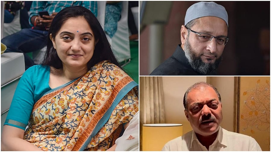 Nupur Sharma (PTI), Asaduddin Owaisi (Left Top) and Naveen Kumar Jindal (Left Bottom). Credit: PTI/IANS Photos