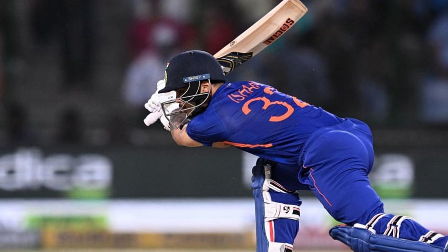 India's Ishan Kishan plays a shot during the first Twenty20 international cricket match between India and South Africa at the Arun Jaitley Stadium in New Delhi on June 9, 2022. Credit: AFP Photo