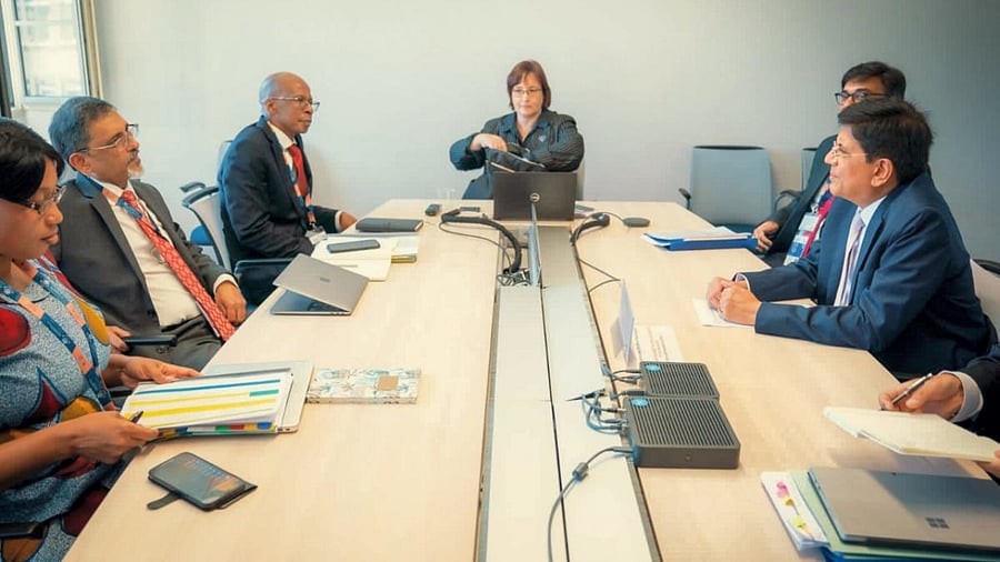 Union Minister for Commerce and Industry Piyush Goyal meets his counterpart from South Africa Ebrahim Patel, on the sidelines of the 12th World Trade Organization (WTO) Ministerial Conference, in Geneva. Credit: PTI Photo