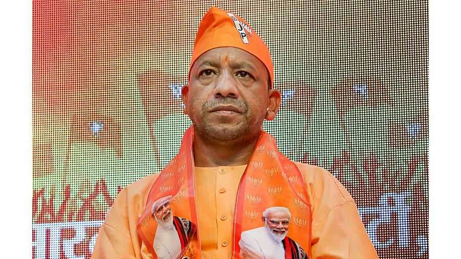 Chief Minister and BJP leader Yogi Adityanath during an event to celebrate the party's Foundation Day, at the party office in Lucknow. Credit: PTI Photo