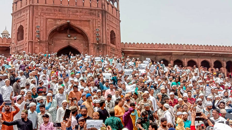 Protests broke out in front of Delhi's Jama Masjid on Friday for the arrest of now-suspended BJP spokesperson Nupur Sharma. Credit: PTI Photo