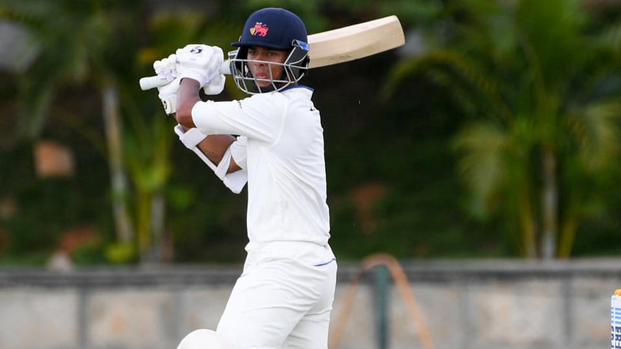 Yashasvi Jaiswal of Mumbai,in action against Uttara Pradesh, in the Ranaji Trophy Tournament at Just Cricket Stadium, at Rajanukunte, Bengaluru on Tuesday. Credit: DH Photo/ B H Shivakumar