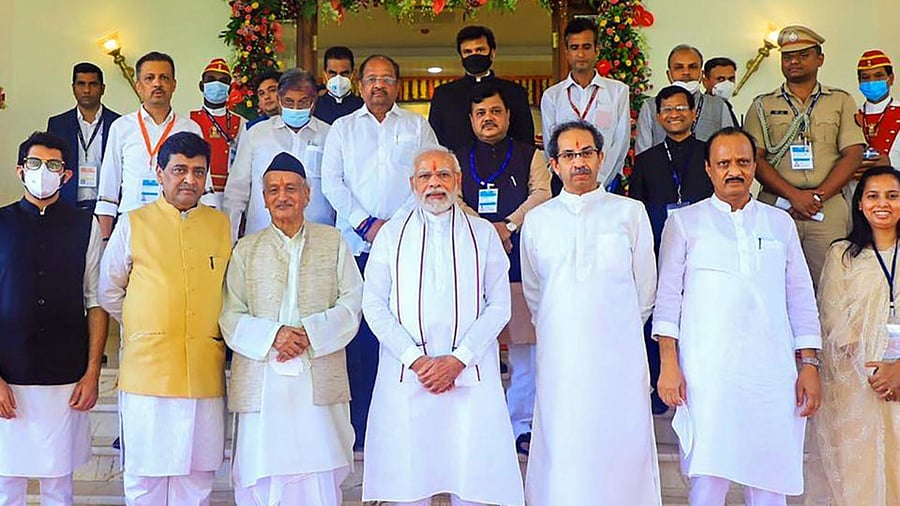 Prime Minister Narendra Modi with Maharashtra Governor Bhagat Singh Koshyari, Chief Minister Uddhav Thackeray, Deputy Chief Minister Ajit Pawar, State Ministers Ashok Chavan & Aditya Thackeray, Leader of Opposition in State Assembly Devendra Fadnavis and others. Credit: PTI Photo