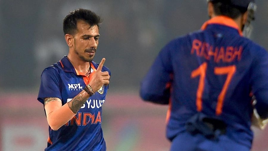 Yuzvendra Chahal celebrates the wicket of South Africa's batsman Rassie van der Dussen, during the 3rd T20 cricket match between India and South Africa, at Dr. Y. S. Rajasekhara Reddy International Cricket Stadium, in Visakhapatnam, Tuesday, June 14, 2022. Credit: PTI Photo