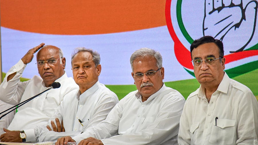Senior Congress leaders Mallikarjun Kharge, Ashok Gehlot, Bhupesh Baghel and Ajay Maken at a press conference at AICC headquarters, in New Delhi. Credit: PTI Photo