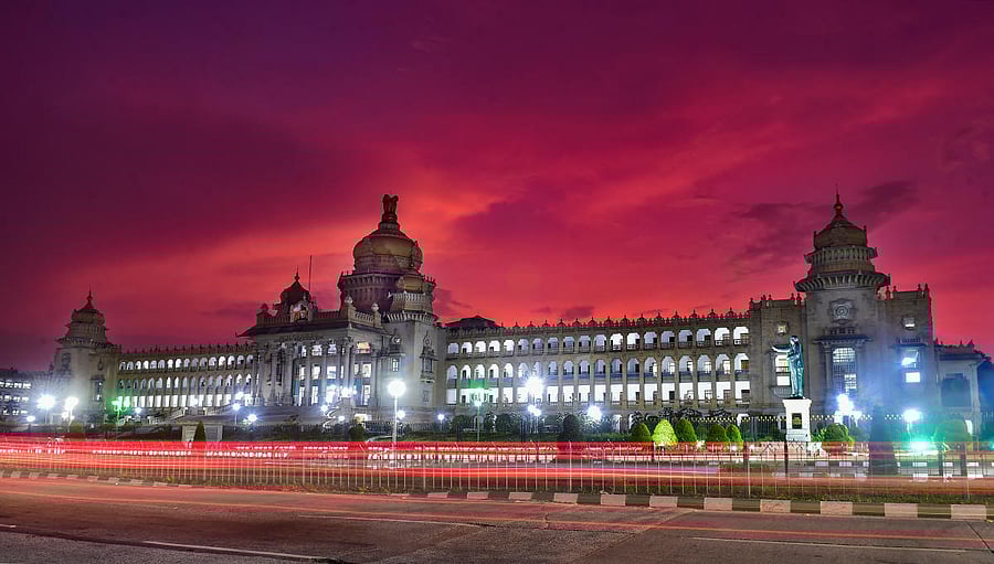 Bengaluru: Vidhana Soudha building seen in twilight in Bengaluru. Credit: PTI Photo