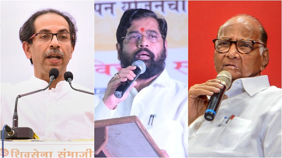 Uddhav Thackeray, Eknath Shinde and Sharad Pawar. Credit: Agency Photos