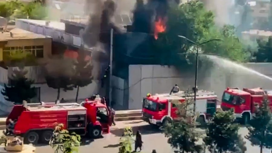 Fire tenders at the site of explosion at a Gurudwara, in Kabul. Credit: PTI Photo