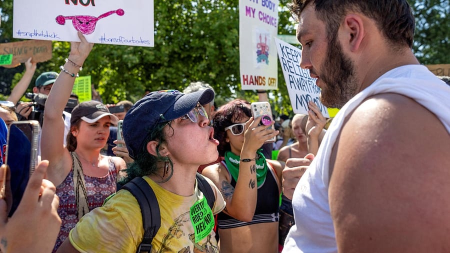 An abortion rights activist argues with one of a handful of anti abortion protestors near the United States Supreme Court in Washington. Credit: Reuters photo