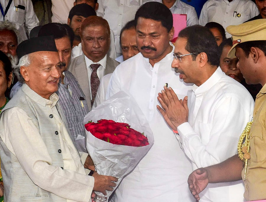 Maharashtra CM Uddhav Thackeray along with Maharashtra Legislative Assembly Speaker and other ministers greet Governor Bhagat Singh Koshyari. Credit: PTI Photo