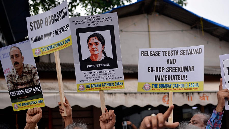 Protests against Teesta Setalvad's arrest in Gujarat 2002 riots case. Credit: AFP Photo