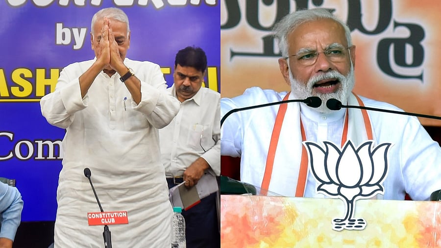 (L) Opposition Presidential candidata Yashwant Sinha and (R) Prime Minister Narendra Modi. Credit: PTI Photo