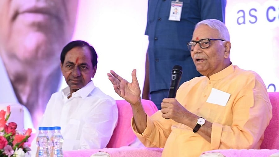 Telangana CM K Chandrasekhar Rao and Yashwant Sinha. Credit: IANS Photo