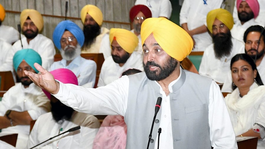 Punjab CM Bhagwant Mann speaks during the Punjab Legislative Assembly Session, in Chandigarh. Credit: PTI Photo