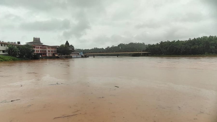 Rivers Tunga in full flow following relentless rain in its catchment in Chikkamagaluru district. Credit: DH Photo