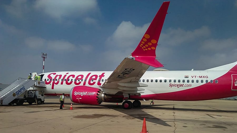 Dubai-bound SpiceJet Boeing 737 Max aircraft after its landing following a fuel indicator malfunction, at Karachi Airport. Credit: PTI Photo