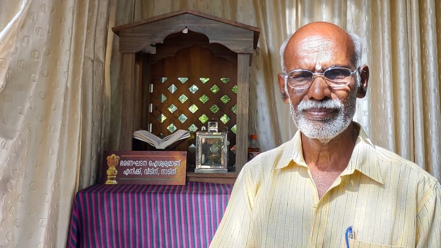 Retired school teacher C Sivadasan Pillai at the Constitution temple. Credit: Special arrangement