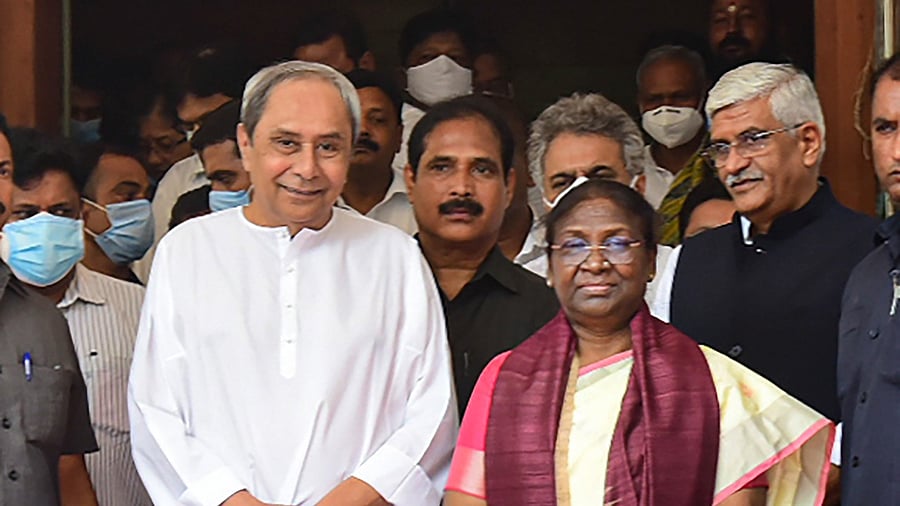 National Democratic Alliance’s (NDA) Presidential candidate Droupadi Murmu with Odisha CM Naveen Patnaik during her presidential election campaign in Bhubaneswar. Credit: PTI Photo