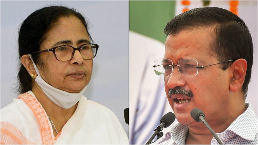 West Bengal CM and TMC chief Mamata Banerjee, AAP chief Arvind Kejriwal. Credit: IANS, PTI Photos