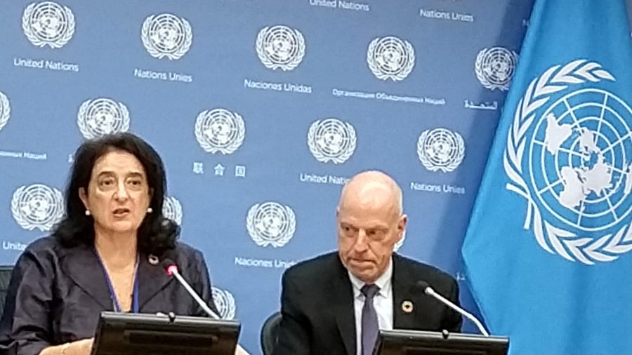 Maria-Francesca Spatolisano, the United Nations Assistant-Secretary-General for Policy Coordination and Inter-Agency Affairs, left, and Population Division Director John Wilmoth at the release of the Worl Population Prospects report on Monday, July 11, 2022. Credit: IANS Photo 
