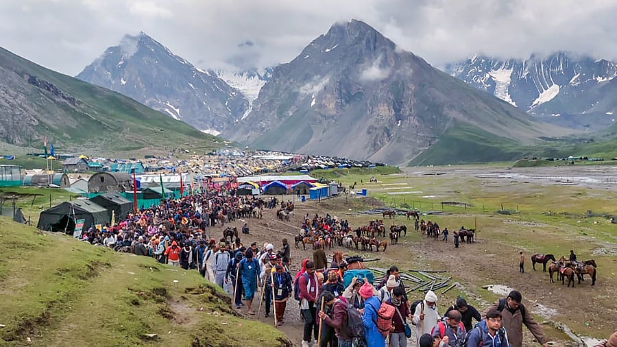 The 43-day annual Yatra began on June 30, from the twin base camps of Pahalgam and Baltal in Ganderbal district. Credit: PTI Photo