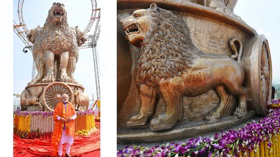 PM Narendra Modi unveiled the new iteration of the national emblem atop the new Parliament building on Monday, July 11, 2022. Credit: IANS Photos