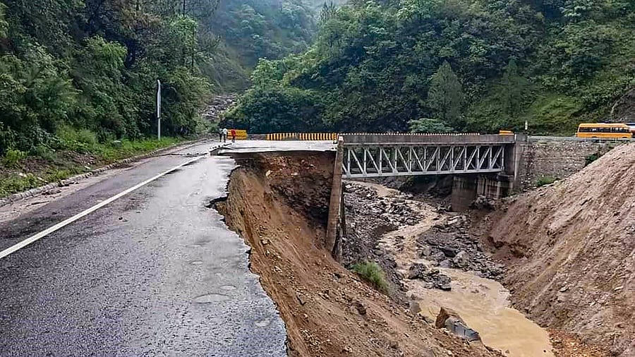 A washed away road near Nandprayag following heavy monsoon rains, in Chamoli district. Credit: PTI Photo