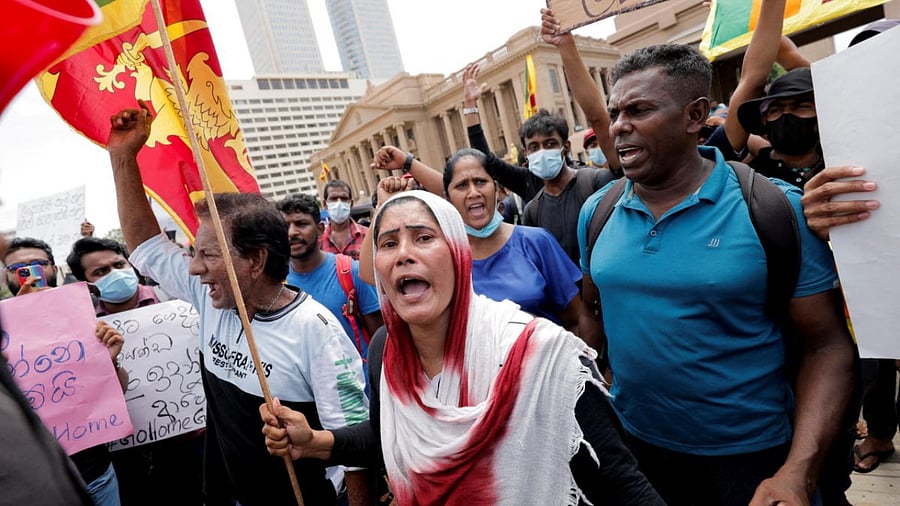 People shout slogans during a protests against Sri Lanka President Gotabaya Rajapaksa in front of the Presidential Secretariat building, amid the country's economic crisis, in Colombo, Sri Lanka. Credit: AFP