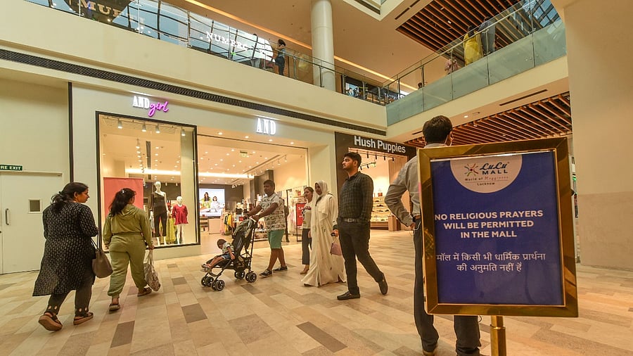 Notices regarding the ban of religious prayers put up inside the atrium of LuLu Mall, a day after controversy had broken out after a group of people allegedly offered namaz on the premises, in Lucknow. Credit: PTI Photo