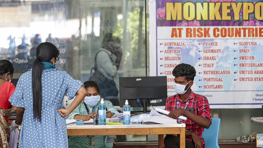International passengers being screened at the airport following detection of monkeypox cases in neighbouring Kerala, in Chennai. Credit: PTI Photo