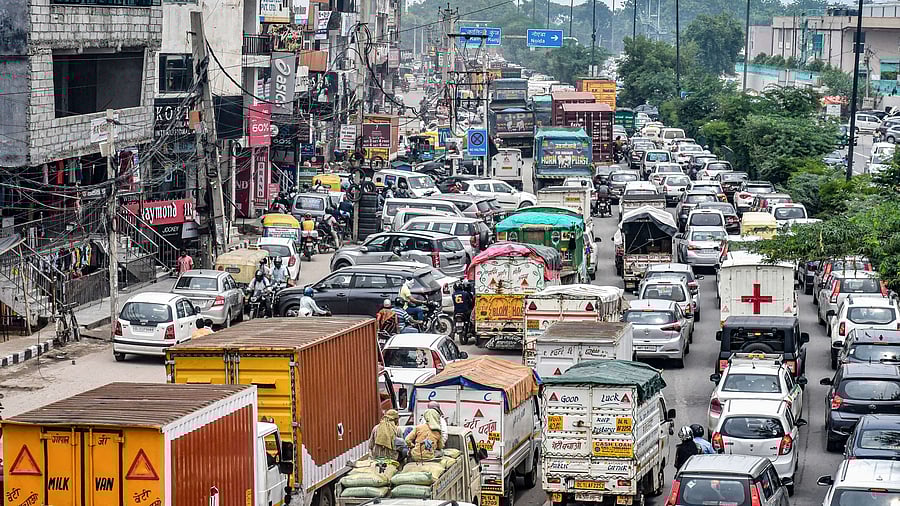Commuters going towards central Delhi were caught in traffic jams. Credit; PTI