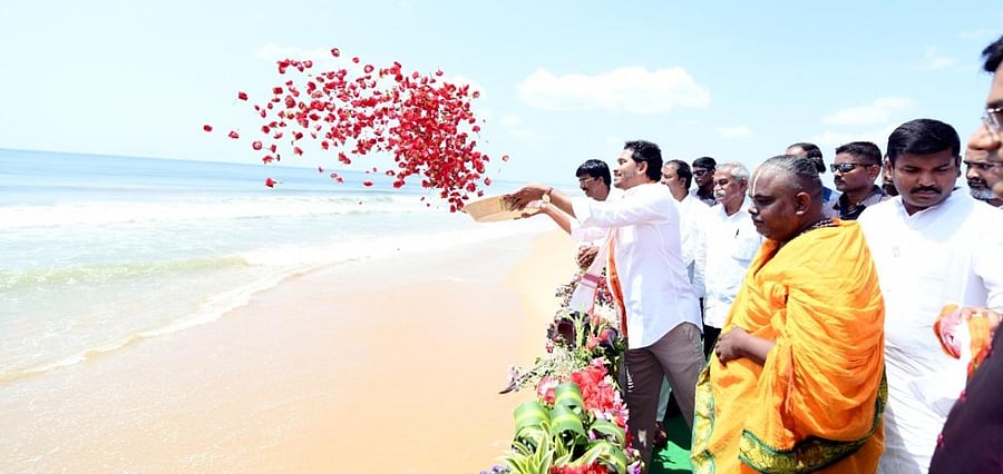Andhra Pradesh Chief Minister JaganMohan Reddy has laid the foundation stone for the construction of Ramayapatnam Port in Nellore district of Andhra Pradesh. Credit: IANS Photo