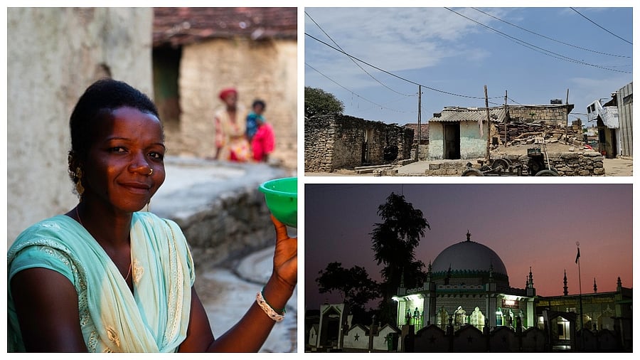 (Clockwise from left) Siddi woman at Sasan Gir; Jambur village; a mosque at Jambur. Credit: Chandreyi Bandyopadhyay 