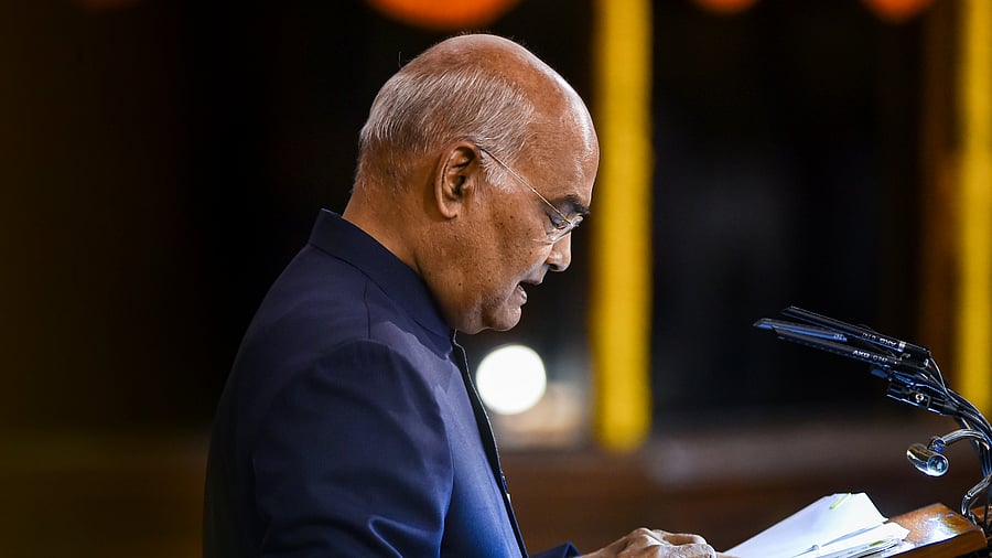 Outgoing President Ram Nath Kovind delivers his farewell address during a function at Parliament House in New Delhi, Saturday, July 23, 2022. Credit: PTI Photo