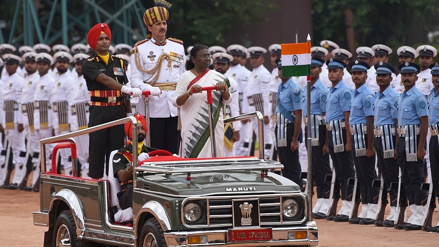 President Droupadi Murmu inspects the Guard of Honour after the swearing-in ceremony at Rashtrapati Bhavan in New Delhi on Monday, July 25, 2022. Credit: IANS Photo
