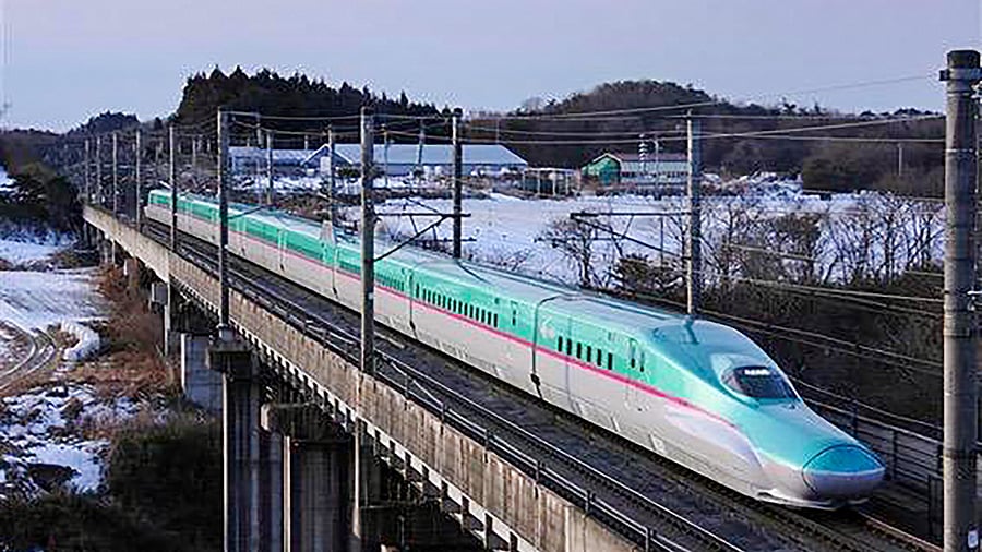 The E5 Series Shinkansen (Japan’s Bullet Train), which will be modified for use as rolling stock of the Mumbai-Ahmedabad High Speed Rail Corridor project. Credit: PTI File Photo