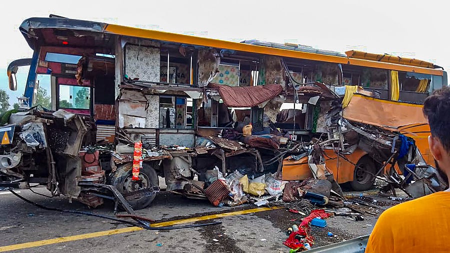 Wreckage of a bus after a Delhi-bound bus rammed into another bus, parked on the Purvanchal Expressway, in Barabanki, Monday. Credit: PTI Photo