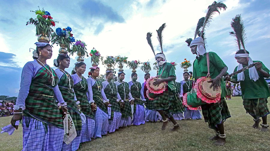 Tribal people during the celebrations of 'Hul Utsav', organised in remembrance of the Santhal rebellion, in Birbhum district, Sunday, July 3, 2022. Credit: PTI File Photo