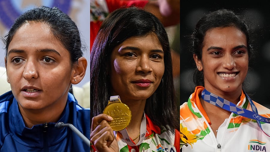 Harmanpreet Kaur, Nikhat Zareen, PV Sindhu. Credit: PTI and AFP photos