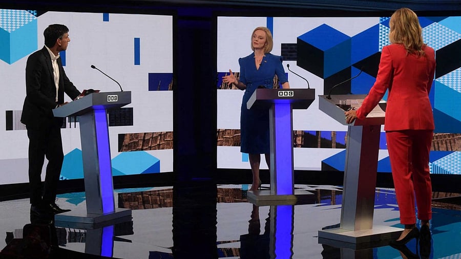 Candidates Rishi Sunak and Liz Truss take part in the BBC Conservative party leadership debate at Victoria Hall in Hanley, Stoke-on-Trent, Britain. Credit: Reuters Photo/Jeff Overs/BBC/Handout