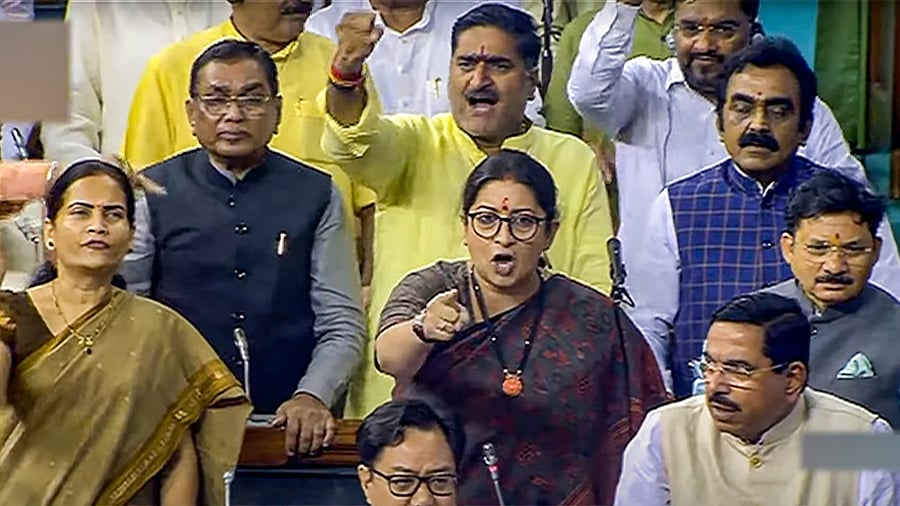 Union Minister Smriti Irani speaks in the Lok Sabha during ongoing Monsoon Session. Credit: PTI Photo