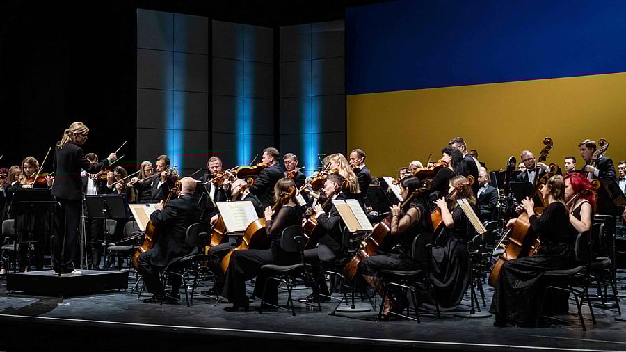 Musicians from the Ukrainian Freedom Orchestra lead by conductor Kerii-Lynn Wilson. Credit: AFP Photo
