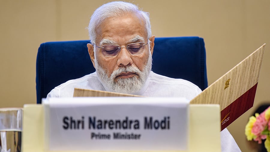 Prime Minister Narendra Modi during the inaugural session of First All India District Legal Services Authorities Meet, at Vigyan Bhawan in New Delhi. Credit: PTI Photo