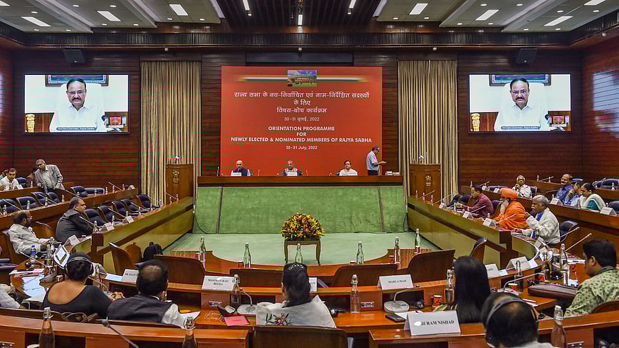 Venkaiah Naidu speaks during the orientation programme for the newly elected and nominated Members of Rajya Sabha, July 30, 2022. Credit: PTI Photo